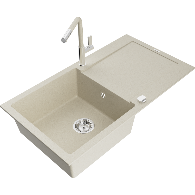 Mexen Leo granite sink single-bowl with drainer and Flora kitchen tap, beige - 6501-69-670401-09