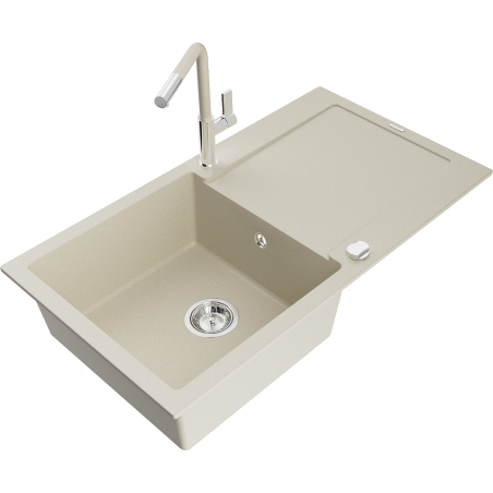 Mexen Leo 1-compartment granite sink with a drip tray and kitchen mixer tap Flora, Beige - 6501-69-670401-09
