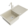 Mexen Leo 1-compartment granite sink with a drip tray and kitchen mixer tap Flora, Beige - 6501-69-670401-09