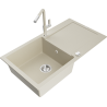 Mexen Leo granite kitchen sink 1-bowl with drainer and Flora kitchen faucet, beige - 6501-69-670401-09