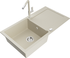 Mexen Leo granite sink single-bowl with drainer and Flora kitchen tap, beige - 6501-69-670401-09
