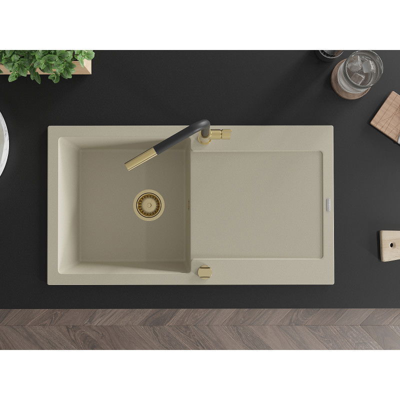 Mexen Leo 1-bowl granite kitchen sink with drainer and Flora kitchen tap, beige - 6501-69-670401-57-G
