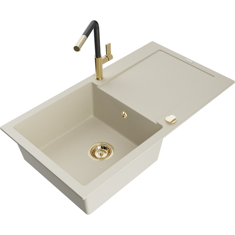 Mexen Leo 1-bowl granite kitchen sink with drainer and Flora kitchen tap, beige - 6501-69-670401-57-G