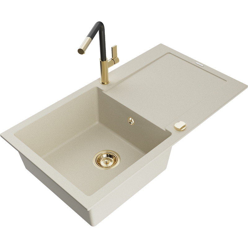 Mexen Leo 1-bowl granite sink with drainer and Flora kitchen faucet, beige - 6501-69-670401-57-G