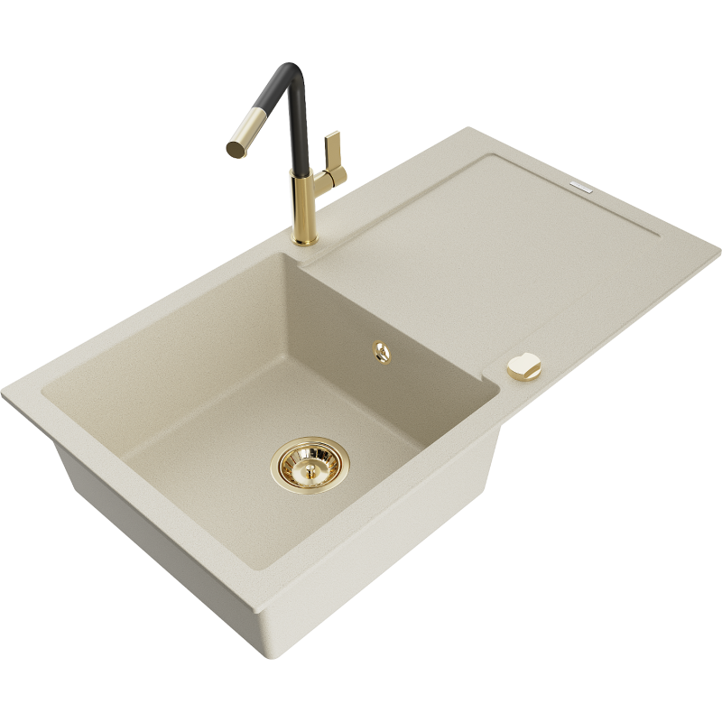Mexen Leo 1-compartment granite sink with a drip tray and kitchen mixer tap Flora, Beige - 6501-69-670401-57-G