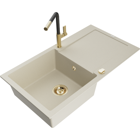 Mexen Leo 1-bowl granite kitchen sink with drainer and Flora kitchen tap, beige - 6501-69-670401-57-G