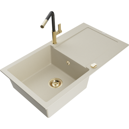 Mexen Leo 1-compartment granite sink with a drip tray and kitchen mixer tap Flora, Beige - 6501-69-670401-57-G