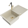 Mexen Leo 1-bowl granite kitchen sink with drainer and Flora kitchen tap, beige - 6501-69-670401-57-G