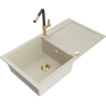 Mexen Leo 1-compartment granite sink with a drip tray and kitchen mixer tap Flora, Beige - 6501-69-670401-57-G