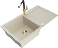 Mexen Leo 1-compartment granite sink with a drip tray and kitchen mixer tap Flora, Beige - 6501-69-670401-57-G