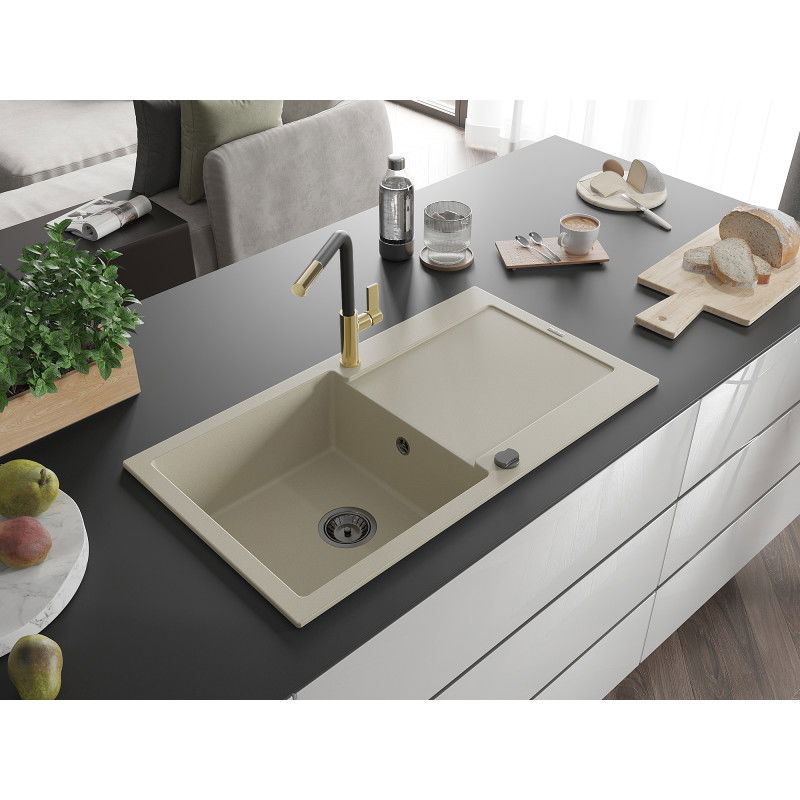Mexen Leo 1-bowl Granite Sink with Drainer and Flora Kitchen Tap, Beige - 6501-69-670401-57-B