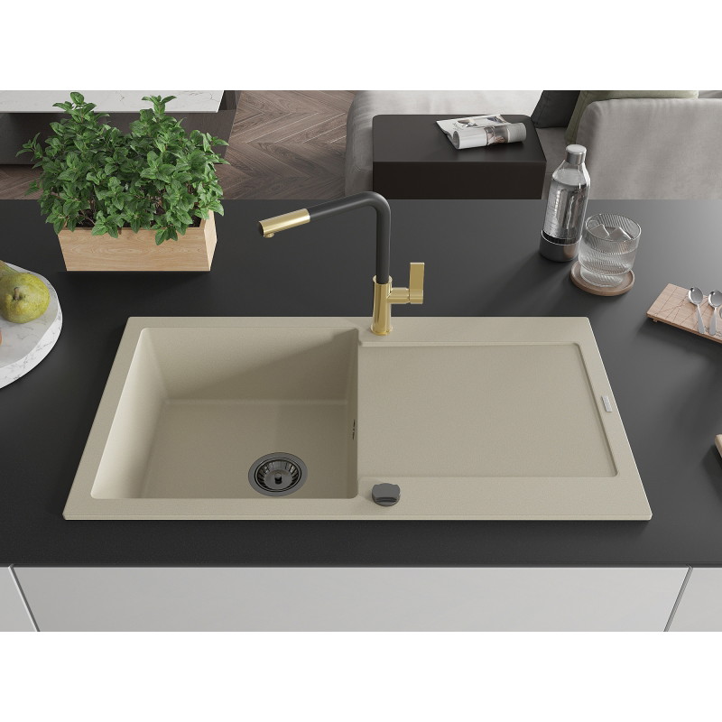 Mexen Leo granite single-bowl sink with drainer and Flora kitchen faucet, beige - 6501-69-670401-57-B