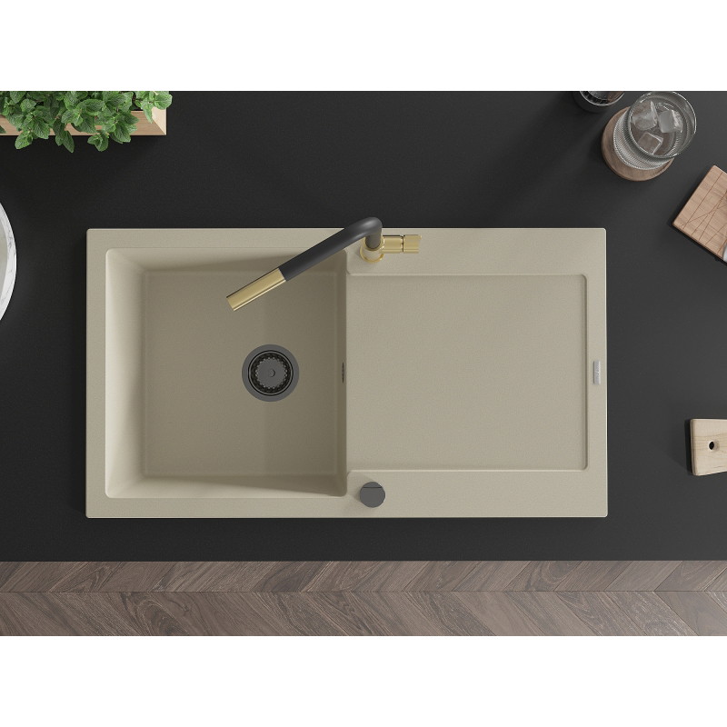 Mexen Leo granite single-bowl sink with drainer and Flora kitchen faucet, beige - 6501-69-670401-57-B