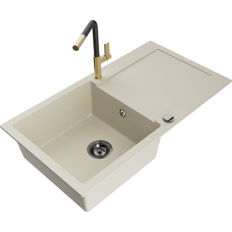 Mexen Leo 1-bowl Granite Sink with Drainer and Flora Kitchen Tap, Beige - 6501-69-670401-57-B