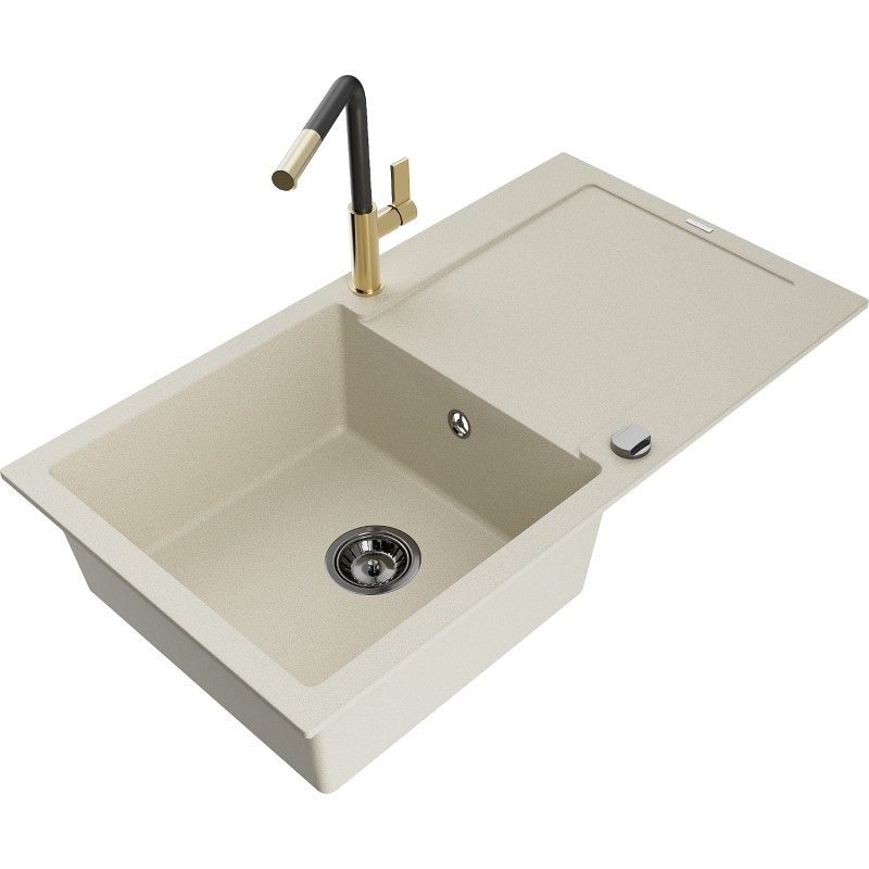 Mexen Leo granite single-bowl sink with drainer and Flora kitchen faucet, beige - 6501-69-670401-57-B