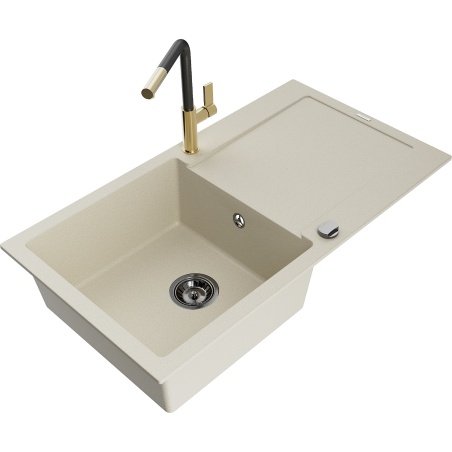 Mexen Leo granite kitchen sink 1-bowl with drainer and Flora kitchen faucet, beige - 6501-69-670401-57-B