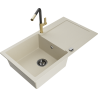 Mexen Leo 1-compartment granite sink with a drip tray and kitchen mixer tap Flora, Beige - 6501-69-670401-57-B