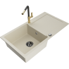 Mexen Leo granite single-bowl sink with drainer and Flora kitchen faucet, beige - 6501-69-670401-57-B