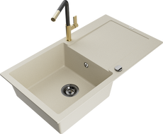Mexen Leo 1-compartment granite sink with a drip tray and kitchen mixer tap Flora, Beige - 6501-69-670401-57-B