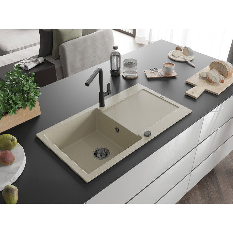 Mexen Leo single-bowl granite sink with drainer and Flora kitchen tap, beige - 6501-69-670401-70-B