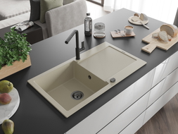 Mexen Leo granite sink 1-bowl with drainer and Flora kitchen faucet, beige - 6501-69-670401-70-B