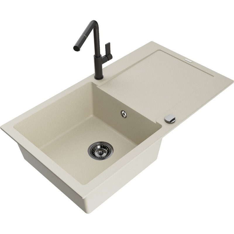 Mexen Leo granite sink 1-bowl with drainer and Flora kitchen faucet, beige - 6501-69-670401-70-B