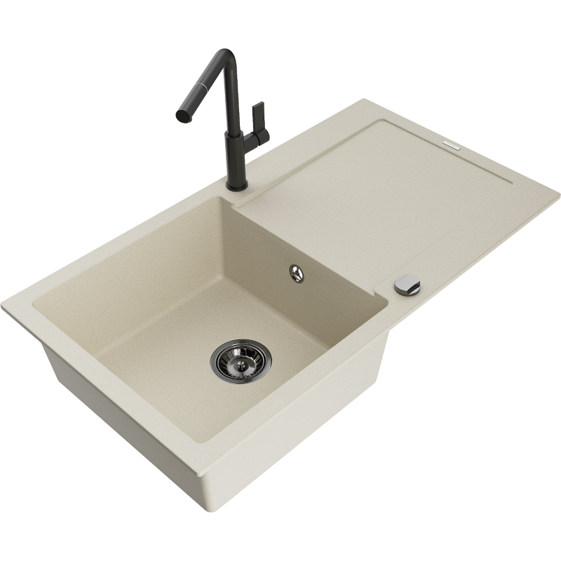 Mexen Leo single-bowl granite sink with drainer and Flora kitchen tap, beige - 6501-69-670401-70-B