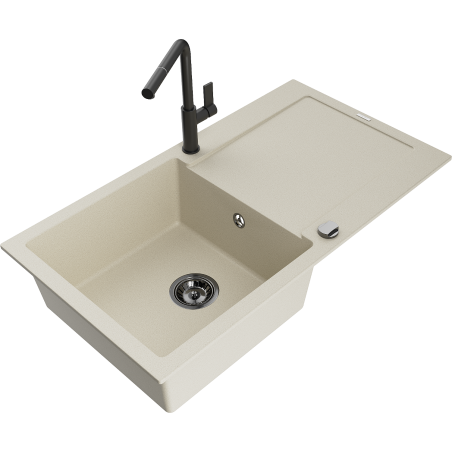 Mexen Leo granite sink 1-bowl with drainer and Flora kitchen faucet, beige - 6501-69-670401-70-B