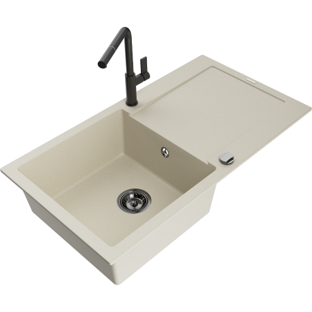 Mexen Leo single-bowl granite sink with drainer and Flora kitchen tap, beige - 6501-69-670401-70-B