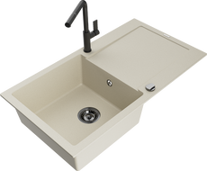 Mexen Leo granite sink 1-bowl with drainer and Flora kitchen faucet, beige - 6501-69-670401-70-B