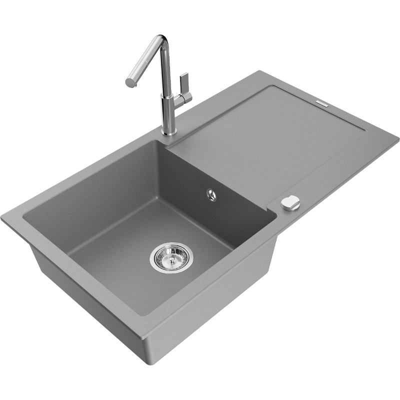 Mexen Leo 1-compartment granite sink with a drip tray and kitchen mixer tap Flora, Grey - 6501-71-670401-00