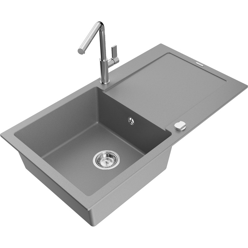 Mexen Leo granite kitchen sink 1-bowl with drainer and Flora kitchen faucet, gray - 6501-71-670401-00