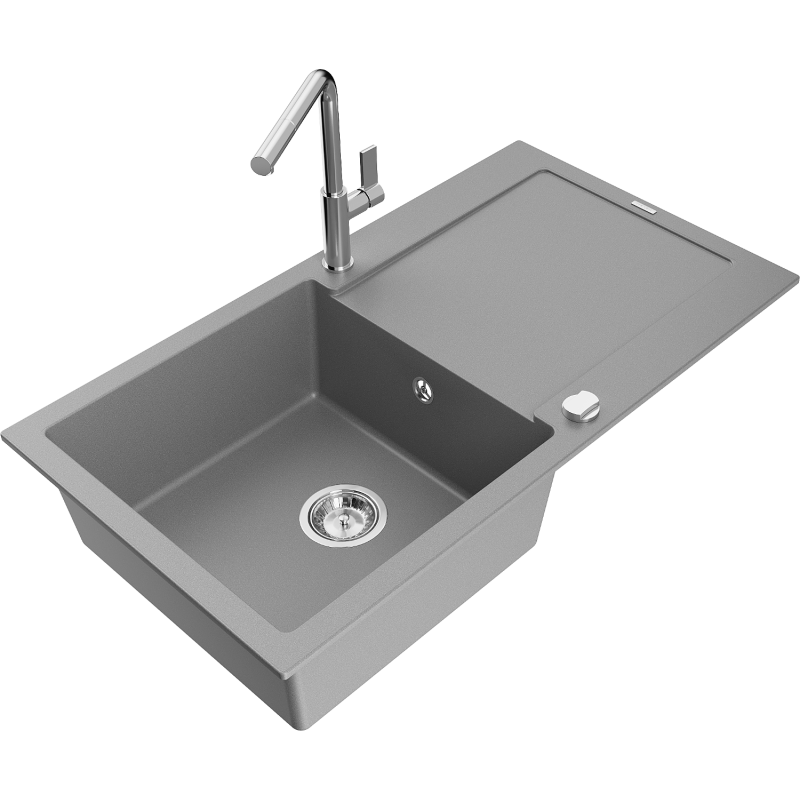 Mexen Leo granite sink 1-bowl with drainer and Flora kitchen tap, grey - 6501-71-670401-00