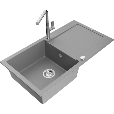 Mexen Leo granite kitchen sink 1-bowl with drainer and Flora kitchen faucet, gray - 6501-71-670401-00