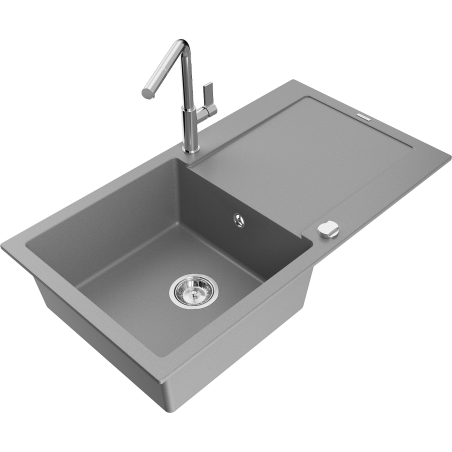 Mexen Leo granite sink 1-bowl with drainer and Flora kitchen faucet, gray - 6501-71-670401-00