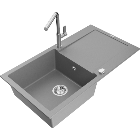 Mexen Leo granite sink 1-bowl with drainer and Flora kitchen tap, grey - 6501-71-670401-00