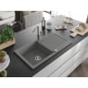 Mexen Leo granite sink 1-bowl with drainer and Flora kitchen tap, grey - 6501-71-670401-06
