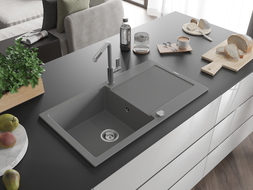 Mexen Leo 1-bowl granite sink with drainer and Flora kitchen faucet, gray - 6501-71-670401-06