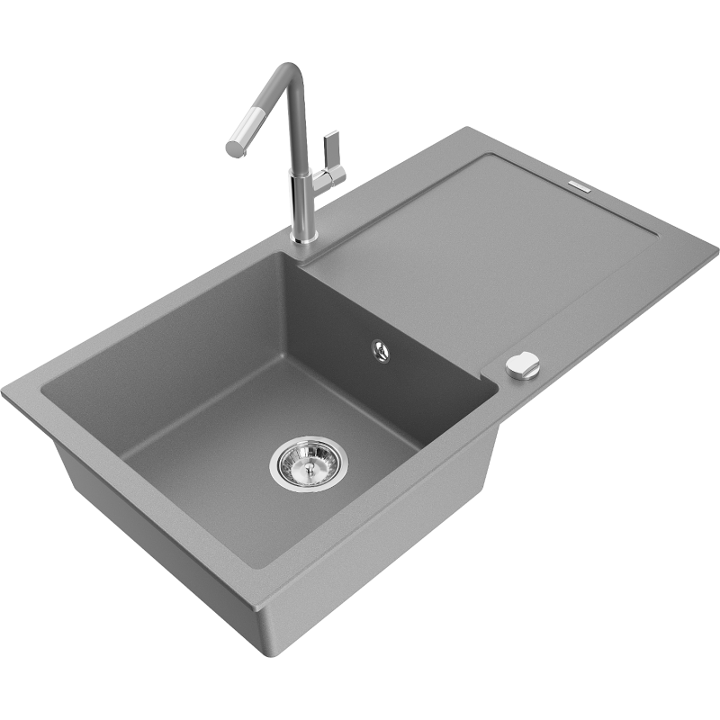 Mexen Leo granite sink 1-bowl with drainer and Flora kitchen tap, grey - 6501-71-670401-06