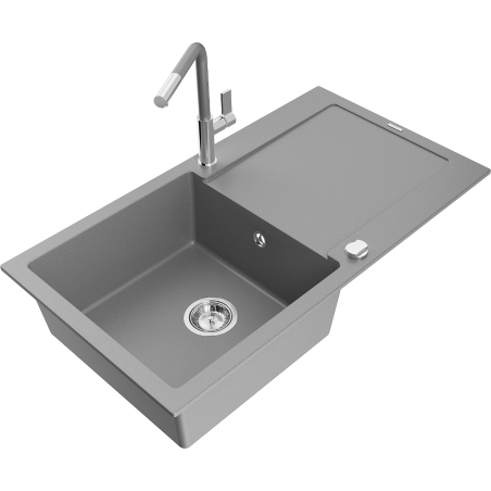 Mexen Leo granite sink 1-bowl with drainer and Flora kitchen tap, grey - 6501-71-670401-06