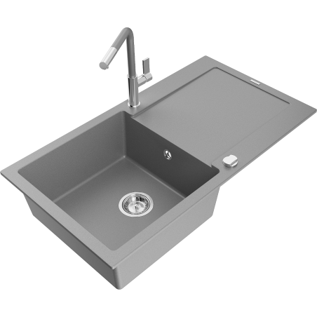Mexen Leo single-bowl granite sink with drainer and Flora kitchen faucet, gray - 6501-71-670401-06