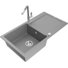 Mexen Leo 1-compartment granite sink with a drip tray and kitchen mixer tap Flora, Grey - 6501-71-670401-06