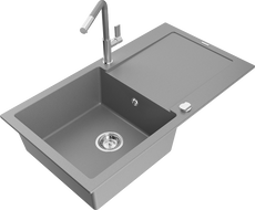 Mexen Leo 1-compartment granite sink with a drip tray and kitchen mixer tap Flora, Grey - 6501-71-670401-06