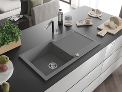 Mexen Leo granite kitchen sink single-bowl with drainer and Flora faucet, gray - 6501-71-670401-07