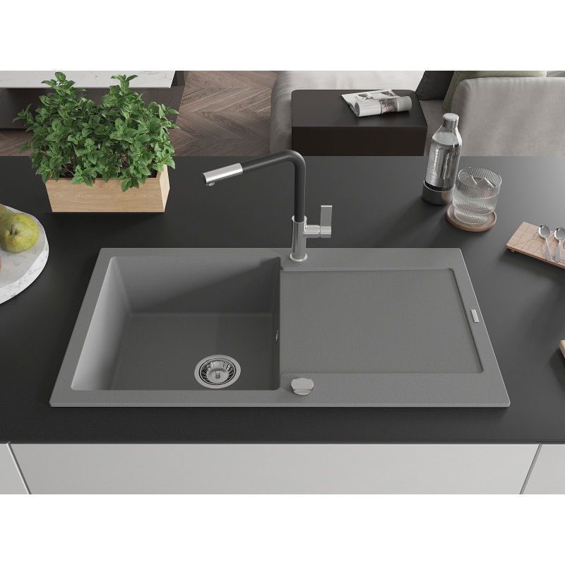 Mexen Leo single-bowl granite kitchen sink with drainer and Flora kitchen tap, grey - 6501-71-670401-07