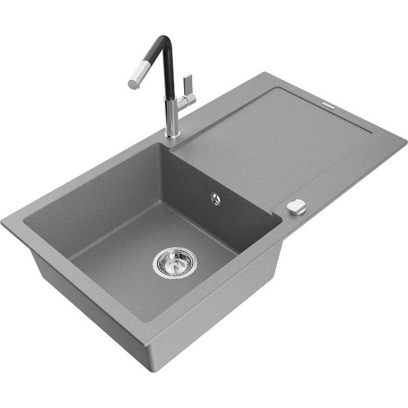 Mexen Leo granite kitchen sink single-bowl with drainer and Flora faucet, gray - 6501-71-670401-07