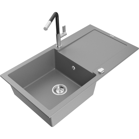 Mexen Leo 1-compartment granite sink with a drip tray and kitchen mixer tap Flora, Grey - 6501-71-670401-07