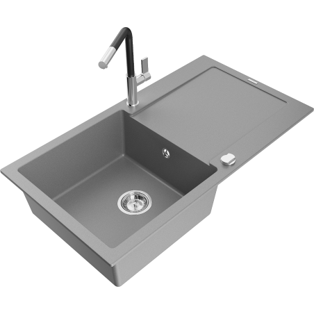 Mexen Leo single-bowl granite kitchen sink with drainer and Flora kitchen tap, grey - 6501-71-670401-07