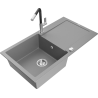 Mexen Leo 1-compartment granite sink with a drip tray and kitchen mixer tap Flora, Grey - 6501-71-670401-07