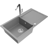 Mexen Leo single-bowl granite kitchen sink with drainer and Flora kitchen tap, grey - 6501-71-670401-07